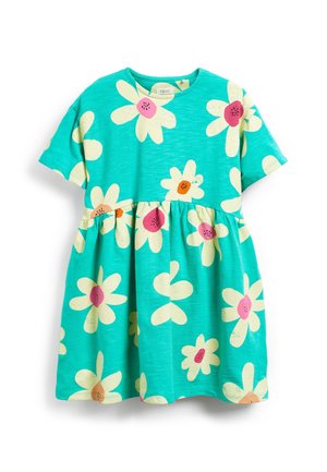 Robe turquoise à manches courtes pour tout-petit avec des imprimés de marguerites jaunes et roses et une taille froncée.