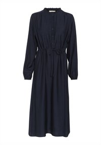 Námornícky modré šaty s dlhým rukávom vyrobené z mäkkej látky, s volánovým výstrihom, predným zapínaním na gombíky a nastaviteľným šnúrkovým pásom.