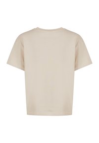 Beige T-Shirt mit kurzen Ärmeln aus weicher Baumwolle. Hat einen Rundhalsausschnitt und einen lockeren Schnitt mit geradem Saum. Keine Grafiken oder Muster.