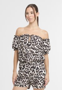 Rompers med leopardmønster, off-shoulder-stil i krem og svart, med puffede ermer, en nøkkelhull-detalj og elastisk midjebånd.
