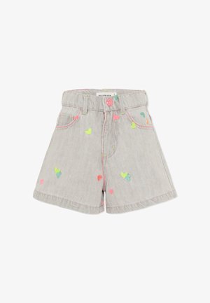 Jasnoszare szorty dżinsowe z wielokolorową haftowaną sercą, pięcioma kieszeniami i różowym guzikiem. Charakteryzują się prostym krojem i obszytymi brzegami.