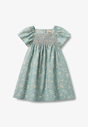 Lichtblauwe bloemenjurk met korte pofmouwen, gerimpelde bovenkant en geplooide rok. Heeft crèmekleurige kleine bloemenpatronen.