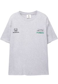 Grå bomulds t-shirt med Honda-logo på venstre bryst og en omrids af en NSX bil med "NSX" tekst i grøn. Korte ærmer, rund hals.