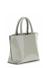 Borsa a mano in pelle verniciata grigia con due manici corti, forma strutturata, rifiniture nere a contrasto e texture liscia e lucida.