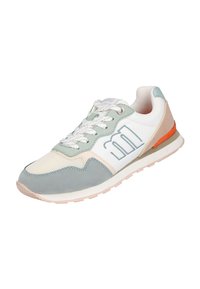 Zapatilla deportiva con tonos azul claro, blanco y acentos en pastel. Presenta materiales de malla y ante, diseño con cordones y una suela acolchada.