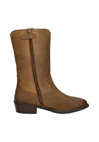 Braune Leder-Cowboystiefel mit gesticktem Design, seitlichem Reißverschluss und niedrigem Absatz. Glatte Textur und schräger Schnitt an der Oberseite.