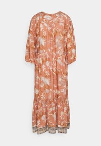Floral maxi dress in soft coral with long sleeves, gathered waist, and tiered ruffle hem. Featuring a patterned trim at the bottom.