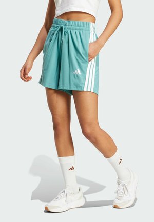 Teal sportieve shorts met witte zijstrepen en voorzakken. Gemaakt van lichte stof, met een elastische tailleband en trekkoord.