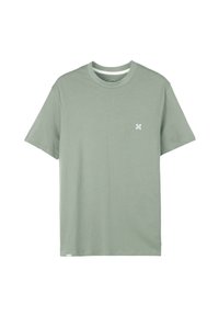 T-shirt en coton vert clair avec un col rond, des manches courtes et un petit logo en forme de flocon de neige blanc sur la poitrine. Texture douce, design décontracté.