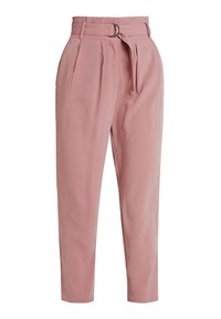 Pale pink trousers in lightweight fabric featuring a high waist, belt with a round buckle, and front pleats for structured fit.