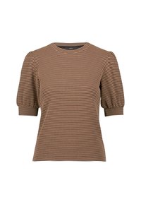 Haut court à manches courtes à carreaux marron avec un col rond et des manches bouffantes, fabriqué à partir d'un tissu texturé. Design épuré avec un motif subtil.