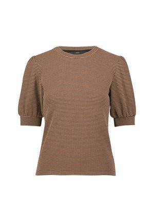 Brown checkered short-sleeve top with a rounded neckline and puffed sleeves, made from a textured fabric. Clean design with subtle pattern.
