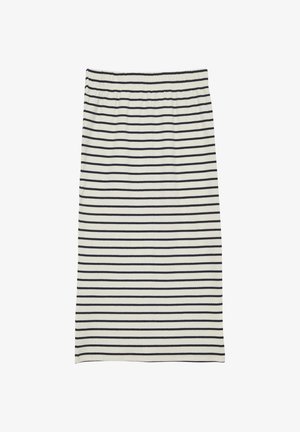 Biała ołówkowa spódnica w poziome czarne paski, z elastycznym paskiem w talii, przedstawiona na płasko na białym tle.