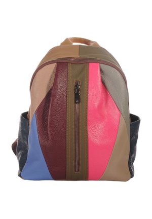 Backpack with vertical front zipper and patchwork panels in tan, olive, burgundy, pink, blue, and gray leather.