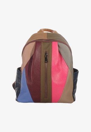 Backpack with vertical front zipper and patchwork panels in tan, olive, burgundy, pink, blue, and gray leather.