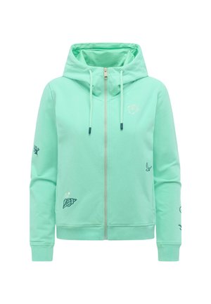 Sweat à capuche zippé vert menthe avec capuche, cordons et petits motifs marins comprenant des coquillages, du corail et un oiseau sur le devant et les manches.