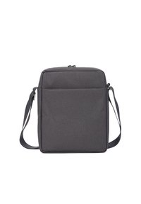 Borsa a tracolla grigia in tessuto con forma rettangolare, texture liscia, tracolla regolabile e tasca con zip frontale. Design semplice e moderno.