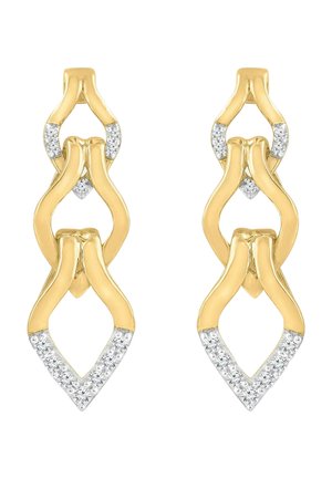 Par de pendientes de gota de oro con formas abstractas enlazadas, cada uno adornado con pequeñas piedras preciosas claras en los bordes.