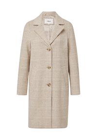 Beige geruit wollen blend overjas met reverskraag, drie schildpadknopen en twee voorzakken.