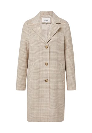 Beige geruit wollen blend overjas met reverskraag, drie schildpadknopen en twee voorzakken.