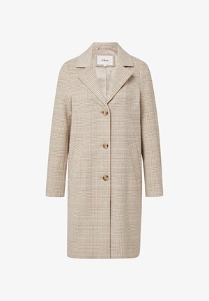 Beige ruudullinen villasekoite päällystakki, jossa on kaulukset, kolme kilpikonnakuorista nappia ja kaksi etutaskua.