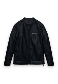 Veste en cuir noire avec col rond, fermeture éclair, épaulettes et deux poches latérales. Comprend une poche poitrine avec détail zippé.
