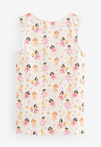 Weißes ärmelloses Oberteil mit einem wiederholten Muster von Ballerinas in rosa Kleidern, umgeben von Blumen in orange- und rosafarbenen Tönen.