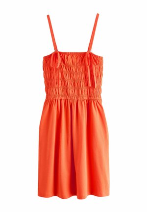 Ærmeløs, knaldorange kjole med rynket overdel og justerbare spaghetti-stropper, der er bundet i små sløjfer foran.