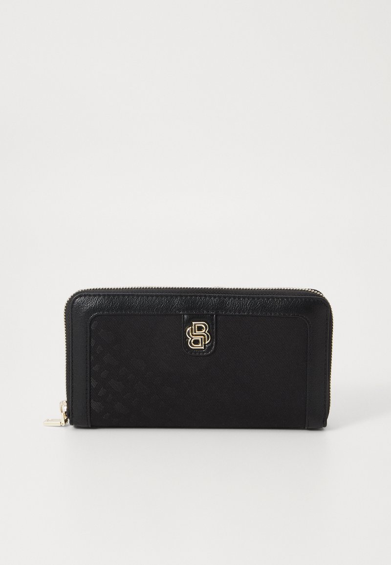 Black wallet featuring a textured surface with a smooth leather trim, gold hardware, and a logo accent. Zip closure along the top.