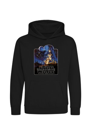 Sort hættetrøje med Star Wars kunst, der viser figurer, der holder lyssværd, Darth Vaders hjelm, TIE-fightere og Star Wars-logoet nedenunder.