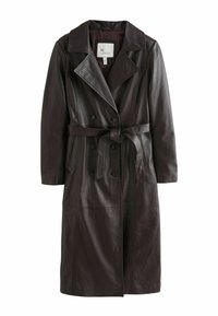 Brauner Leder-Trenchcoat mit doppelt geknöpften Knöpfen, breiten Revers, tailliertem Gürtel und langen Ärmeln. Glatte Textur, knielanges Design.