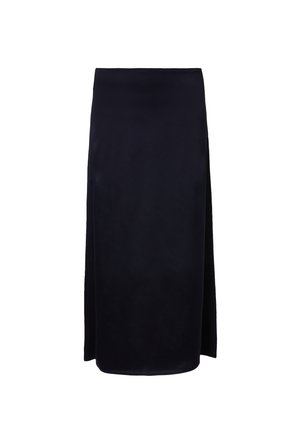 Zwarte, knie-lange rok van gladde stof met een getailleerde taille en een subtiele zijsplit, die een strakke, minimalistische uitstraling biedt.