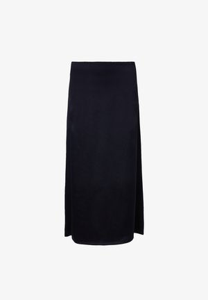 Schwarze, knielange Rock aus glattem Stoff mit schmaler Taille und einem dezenten seitlichen Schlitz, der ein sauberes, minimalistisches Design bietet.