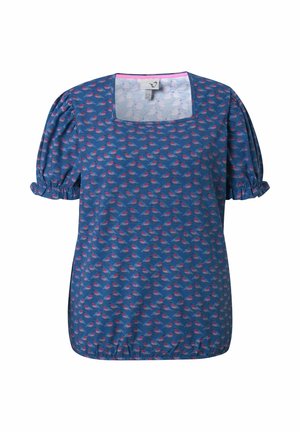 Blaue Bluse mit kurzen Ärmeln und quadratischem Ausschnitt, aufgeblasenen Ärmeln mit elastischen Bündchen und kleinem rotem und pinkem Blattmuster.