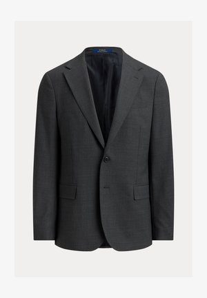 Blazer gris foncé à finition texturée, coupe croisée simple, revers crantés et deux poches frontales. Intérieur doublé. Fermeture à boutons.