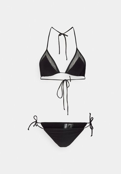 Black bikini set featuring a triangular halter top with mesh accents and adjustable ties, paired with a matching low-rise bottom with side ties.