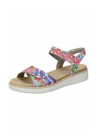 Multicolored sandal with floral pattern. Features adjustable straps, a cushioned insole, and a white, textured rubber sole.