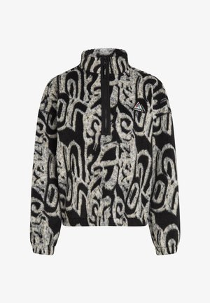 Melnā un baltā rakstā izgatavots flīsa pulovers ar ceturtdaļas rāvējslēdzēju un trīsstūra O'Neill logotipa uzlīmi uz krūšu daļas.