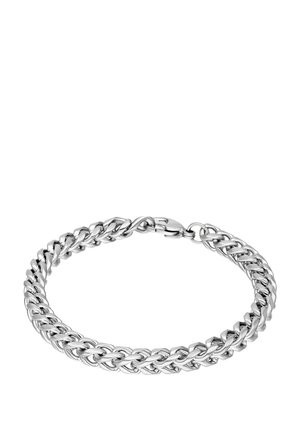 Silberfarbener, verdrehter Panzerketten-Armband mit Karabinerverschluss, dargestellt auf weißem Hintergrund.