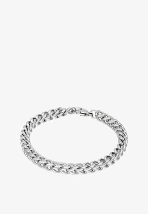 Silberfarbener, verdrehter Panzerketten-Armband mit Karabinerverschluss, dargestellt auf weißem Hintergrund.