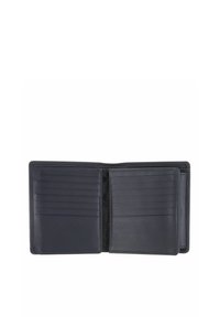 Portefeuille bifold en cuir noir ouvert montrant plusieurs emplacements pour cartes sur les deux côtés et un grand compartiment arrière.