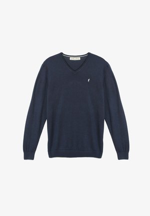 Pull à col en V bleu marine à manches longues avec poignets et ourlet côtelés, arborant un petit logo blanc brodé sur le côté gauche de la poitrine.