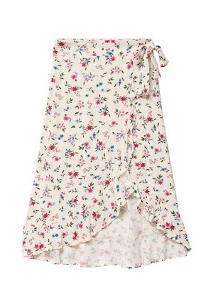 Cremefarbener Wickelrock mit pinkem, blauem und lila Blumenmuster und gerafftem Saum, an der Taille mit einer seitlichen Schleife gebunden.