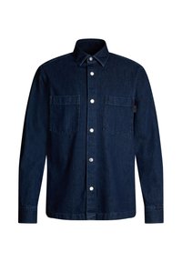 Donkerdenim overhemd met een knoopsluiting aan de voorkant, twee borstzakken en een klassieke kraag. Voorzien van zilveren knopen en lange mouwen.