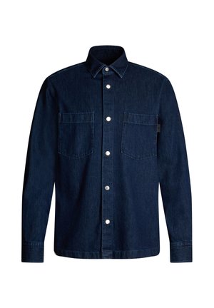 Dunkelblaue Jeanshemd mit Knopfverschluss, zwei Brusttaschen und klassischem Kragen. Mit silbernen Knöpfen und langen Ärmeln.