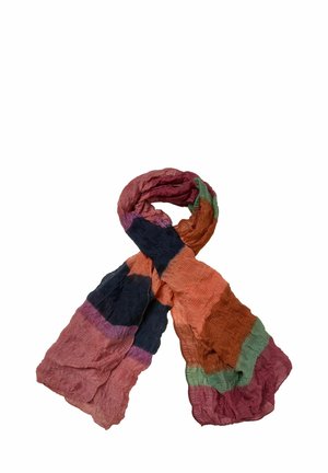 Crinkled, multi-colored scarf with stripes in coral, navy blue, orange, green, and purple, loosely folded on a white background.