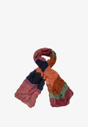 Rypytetty monivärinen huivi, jossa raidat korallin, tummansinisen, oranssin, vihreän ja violetin sävyissä, löyhästi taiteltuna valkoisen taustan päällä.