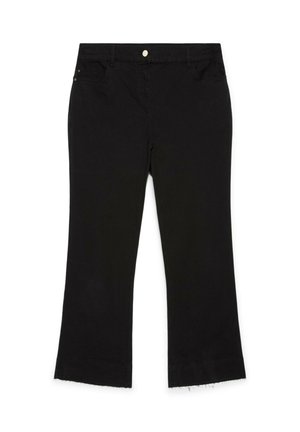 Zwarte denim cropped broek met rafelige zoom, knoopsluiting aan de voorkant, ritssluiting, broekriemlussen en voor- en achterzakken, platliggend op een witte achtergrond.