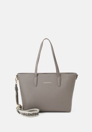 Grijze Valentino tote tas met dubbele schouderbanden, afneembare merkbare crossbodyriem en goudkleurige hardware details.