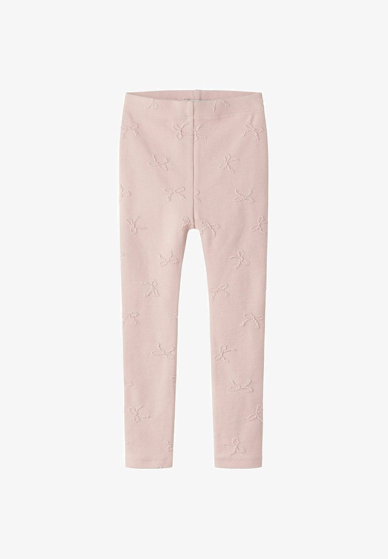 Leggings côtelés rose clair avec motifs subtils de nœuds texturés, taille élastique et coupe ajustée pour enfants.